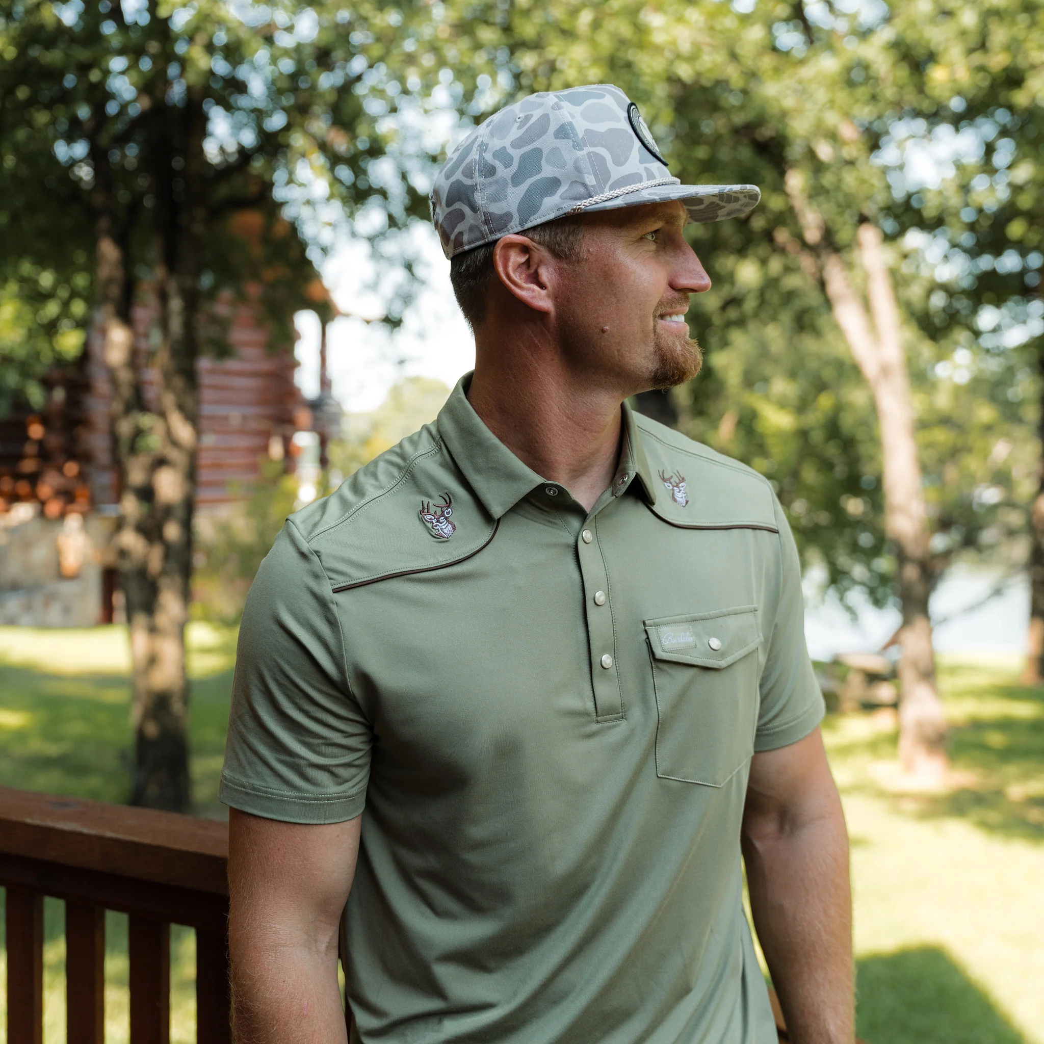 Pearl Snap Performance Polo - Whitetail Deer - Green - Image 2